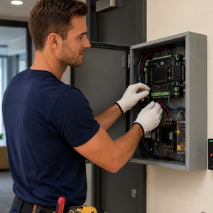 Technician servicing an access control system control panel